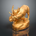 Golden Bull Sculpture with Prominent Horns Standing on Detailed Rock Base