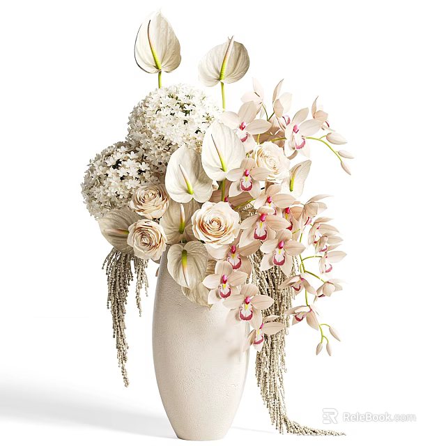 Elegant White Vase With Orchids Roses White Flower Balls Green Leaves And Tassels 3d model 