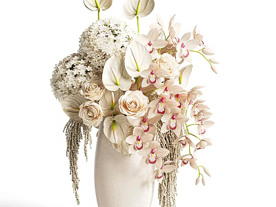 Elegant White Vase With Orchids Roses White Flower Balls Green Leaves And Tassels 3d model