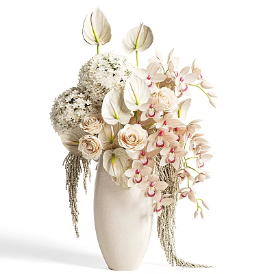 Elegant White Vase With Orchids Roses White Flower Balls Green Leaves And Tassels 3d model