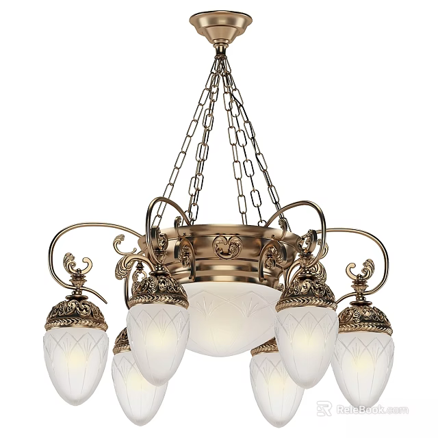 Vintage Brass Chandelier With Ornate Curved Frame And White Glass Shades 3d model 
