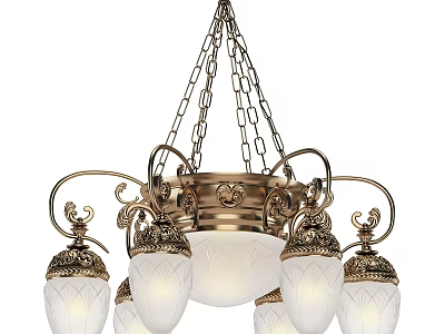 Vintage Brass Chandelier With Ornate Curved Frame And White Glass Shades 3d model
