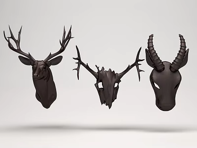 Black Animal Skull Wall Decor with Deer Antlers and Horns Design 3d model