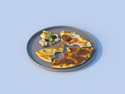 Sliced Pizza On Gray Plate With Pepperoni Ham And Vegetable Toppings 3d model