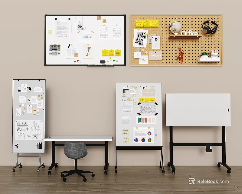 Functional Workspace Table And Chair Set With Multiple Whiteboards And Bulletin Boards 3d model 