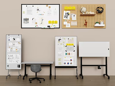 Functional Workspace Table And Chair Set With Multiple Whiteboards And Bulletin Boards 3d model