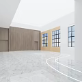 Modern Elevator Hallway with Marble Floor Wall Shelves Green Plants and City View Window