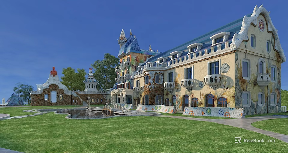 Unique Boutique Guesthouse Building with Blue Roof Yellow Facade Tower Arched Windows Lush Green Lawn 3d model 