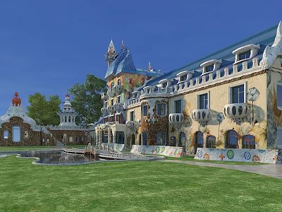 Unique Boutique Guesthouse Building with Blue Roof Yellow Facade Tower Arched Windows Lush Green Lawn 3d model