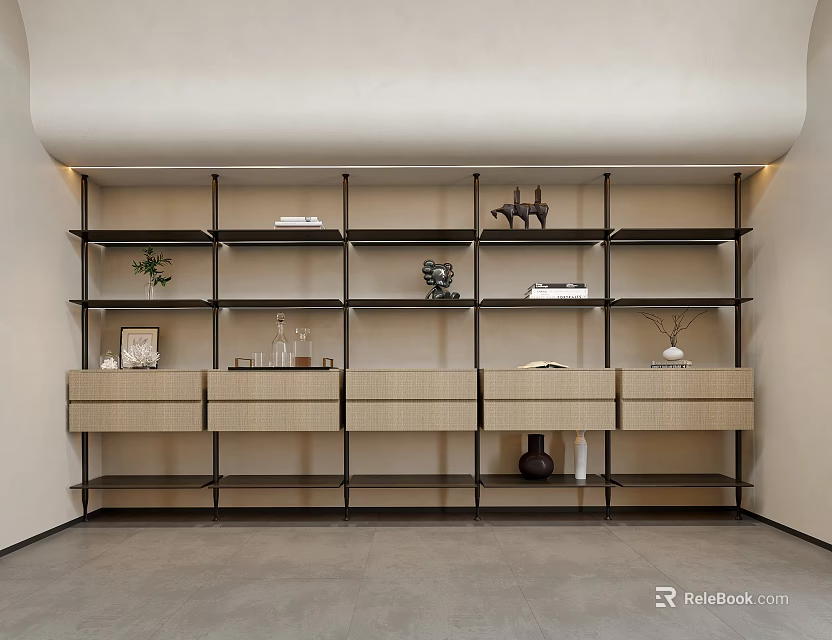 Study Room Interior With Shelving Unit Beige Cabinets Gray Floor And Decorative Items 3d model