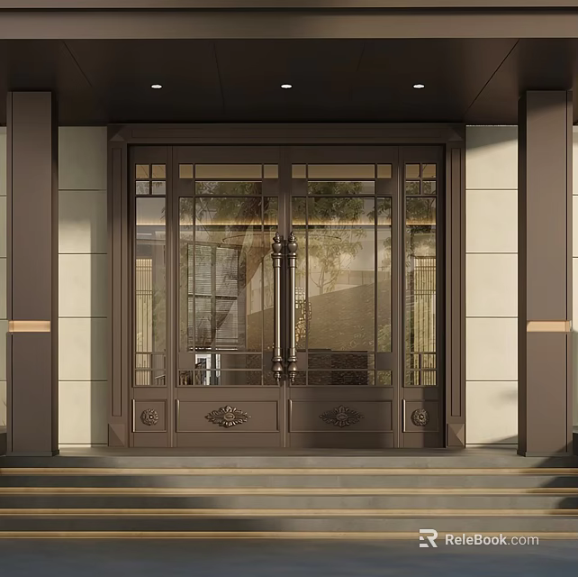 Elegant Double Doors Entrance With Metal Frame And Glass Panels Design 3d model 