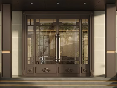 Elegant Double Doors Entrance With Metal Frame And Glass Panels Design 3d model