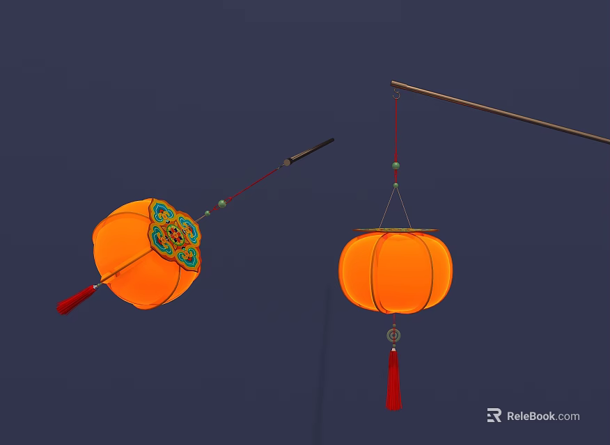 Traditional Round Orange Lanterns With Decorative Patterns Red Tassels And Hanging 3d model
