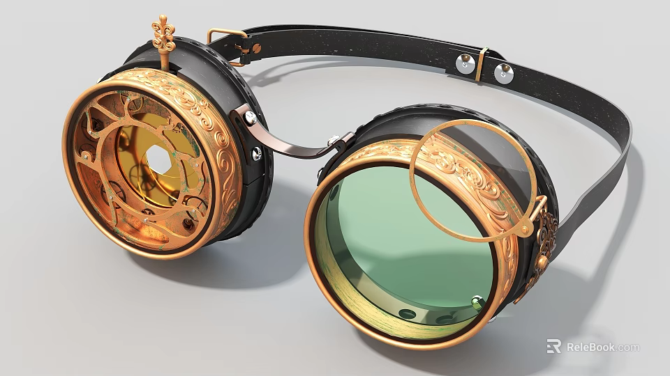 Steampunk Goggles Art Installation With Gold Ornaments Green Lenses And Black Leather Straps 3d model 