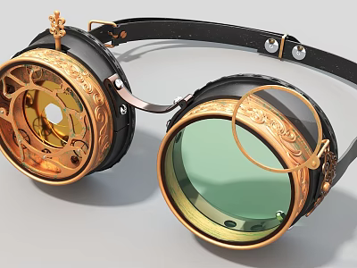 Steampunk Goggles Art Installation With Gold Ornaments Green Lenses And Black Leather Straps 3d model