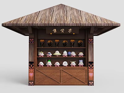 Traditional Style Shop Front With Thatched Roof Wooden Structure Displayed Dolls And Decorations 3d model
