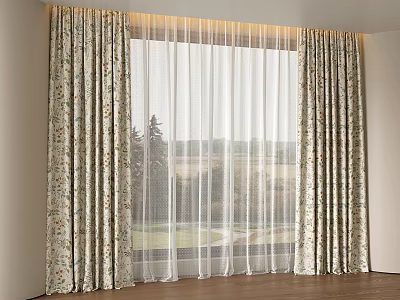 Elegant Layered Curtains with Floral Pattern Sheer Voile and Outdoor Scenery View 3d model