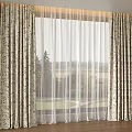 Elegant Layered Curtains with Floral Pattern Sheer Voile and Outdoor Scenery View
