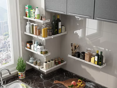 Kitchen Wall Mounted Shelves With Spice Jars Fruit And Marble Countertop 3d model