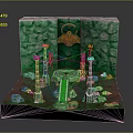 Enchanting Landscape With Green Stone Walls Circular Archway Red Pillars Water Pool And Mossy Rocks