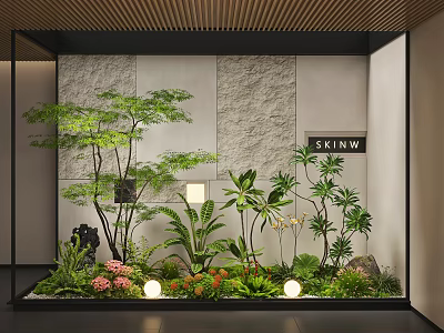 Lush Indoor Landscape With Green Plants Trees Flowers Stone Wall Wooden Ceiling Lighting 3d model