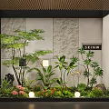 Lush Indoor Landscape With Green Plants Trees Flowers Stone Wall Wooden Ceiling Lighting
