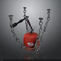 Red Gas Cylinder Secured With Metal Chains And Black Hose