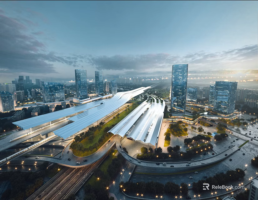 Modern Urban Transportation Hub With Long Roof Green Landscaping And City Lights 3d model 