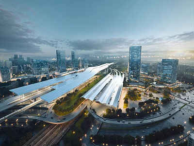 Modern Urban Transportation Hub With Long Roof Green Landscaping And City Lights 3d model