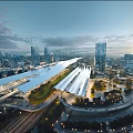 Modern Urban Transportation Hub With Long Roof Green Landscaping And City Lights
