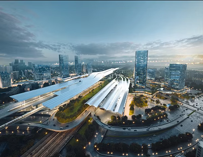 Modern Urban Transportation Hub With Long Roof Green Landscaping And City Lights 3d model