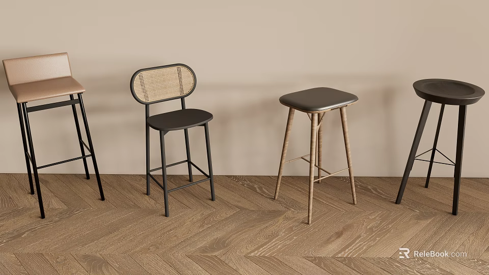 Modern Bar Stools with Leather Woven Seats and Metal Wooden Legs on Herringbone Wooden Floor 3d model 