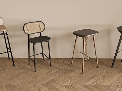 Modern Bar Stools with Leather Woven Seats and Metal Wooden Legs on Herringbone Wooden Floor 3d model