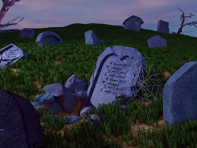 Cartoon Graveyard Scene With Tombstones Skulls Spider Webs Green Grass Dead Trees and Purple Sky 3d model