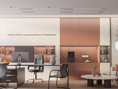 Modern Office Interior Design With Desks Ergonomic Chairs Bookshelves Coffee Machine And Sofa 3d model
