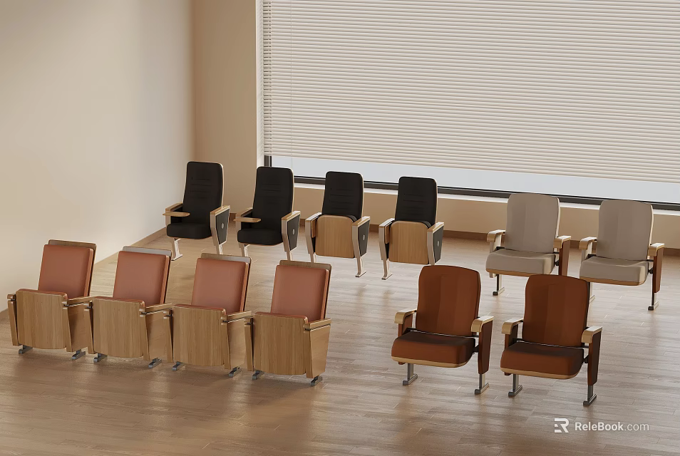 Various Colored Chairs Arranged In Indoor Setting With Wooden Floor And Window Blinds 3d model 