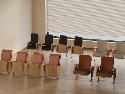 Various Colored Chairs Arranged In Indoor Setting With Wooden Floor And Window Blinds 3d model