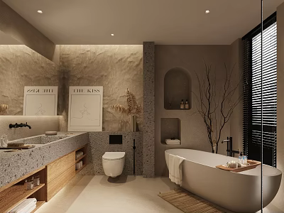 Modern Bathroom Interior with Textured Walls Wooden Cabinets Bathtub and Double Sink Vanity 3d model