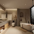 Modern Bathroom Interior with Textured Walls Wooden Cabinets Bathtub and Double Sink Vanity