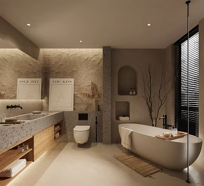 Modern Bathroom Interior with Textured Walls Wooden Cabinets Bathtub and Double Sink Vanity 3d model