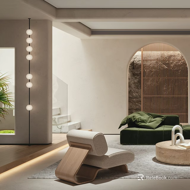 Modern Basement Interior Design With Green Sofa Wooden Screen Floor Lamp And Potted Plant 3d model 