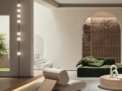 Modern Basement Interior Design With Green Sofa Wooden Screen Floor Lamp And Potted Plant 3d model