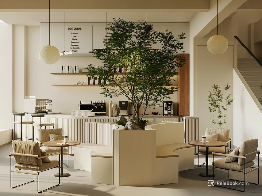 Modern Bubble Tea Shop Interior Design With Counter Green Plants And Seating Area 3d model 