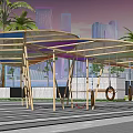 Leaf Shaped Pergola With Colorful Glass Panels And Wooden Frame On Gray Paved Floor