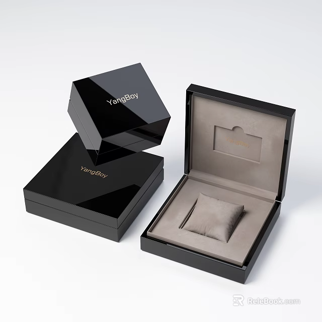 Luxury Open Black YunBao Jewelry Box With Gray Cushion Interior For Elegant Storage 3d model 
