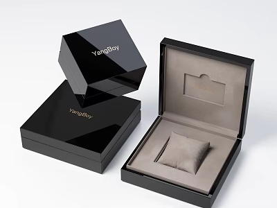 Luxury Open Black YunBao Jewelry Box With Gray Cushion Interior For Elegant Storage 3d model