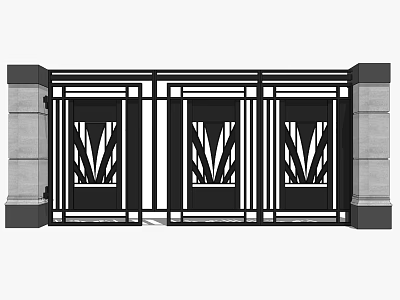 Decorative Metal Gate With Stone Pillars And V Shaped Patterns 3d model