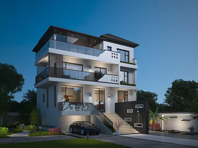 Modern Detached Villa Exterior With Three Story Design Large Windows Balconies And Front Car 3d model