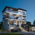 Modern Detached Villa Exterior With Three Story Design Large Windows Balconies And Front Car