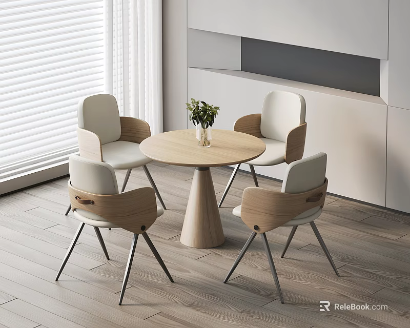 Modern Round Wooden Table and Four Chairs Set in Minimalist Interior with Wooden Floor 3d model 